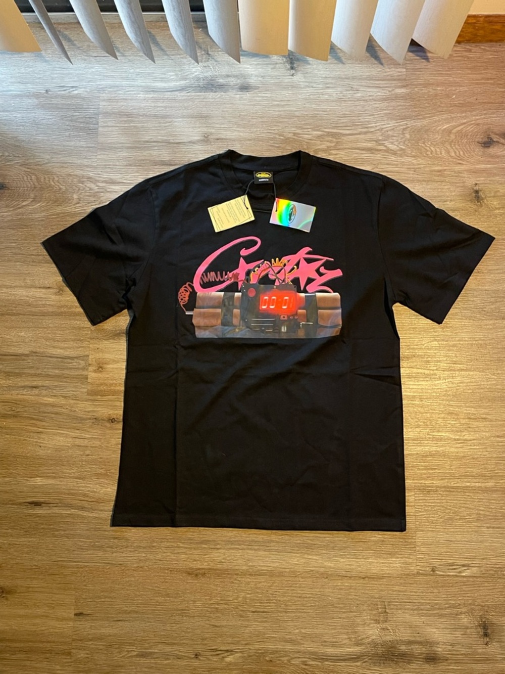 Black Short Sleeve Graphic Tee with Pink Accent